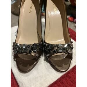 Authentic PRADA Bernice Jeweled Metallic Heels Pumps Size 9 + Free Beauty Gift